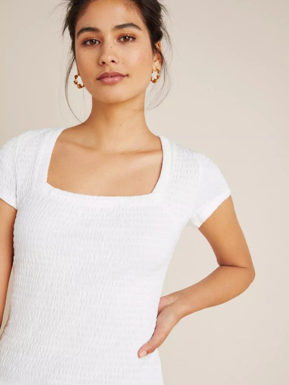 Anthropologie Women’s Smocked Square Neck Shirt Size Small Cottage White Top